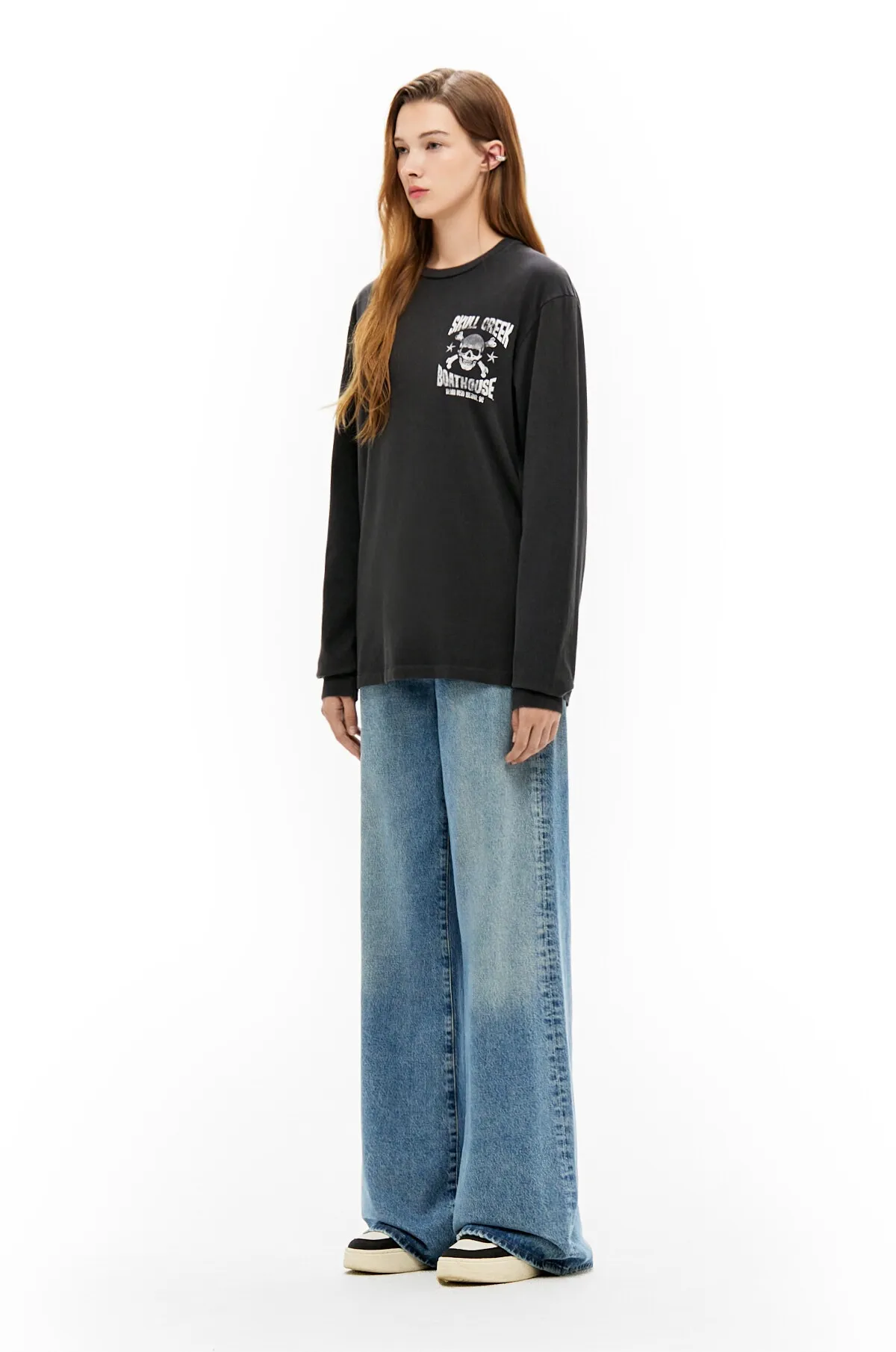 GALLERY DEPT. SKULL CREEK L/S TEE/BLK Glitter skull surf long sleeves, washed black S-XL, genuine development, correct version, garment dyed, washed and distressed, printing has a full sense of distress